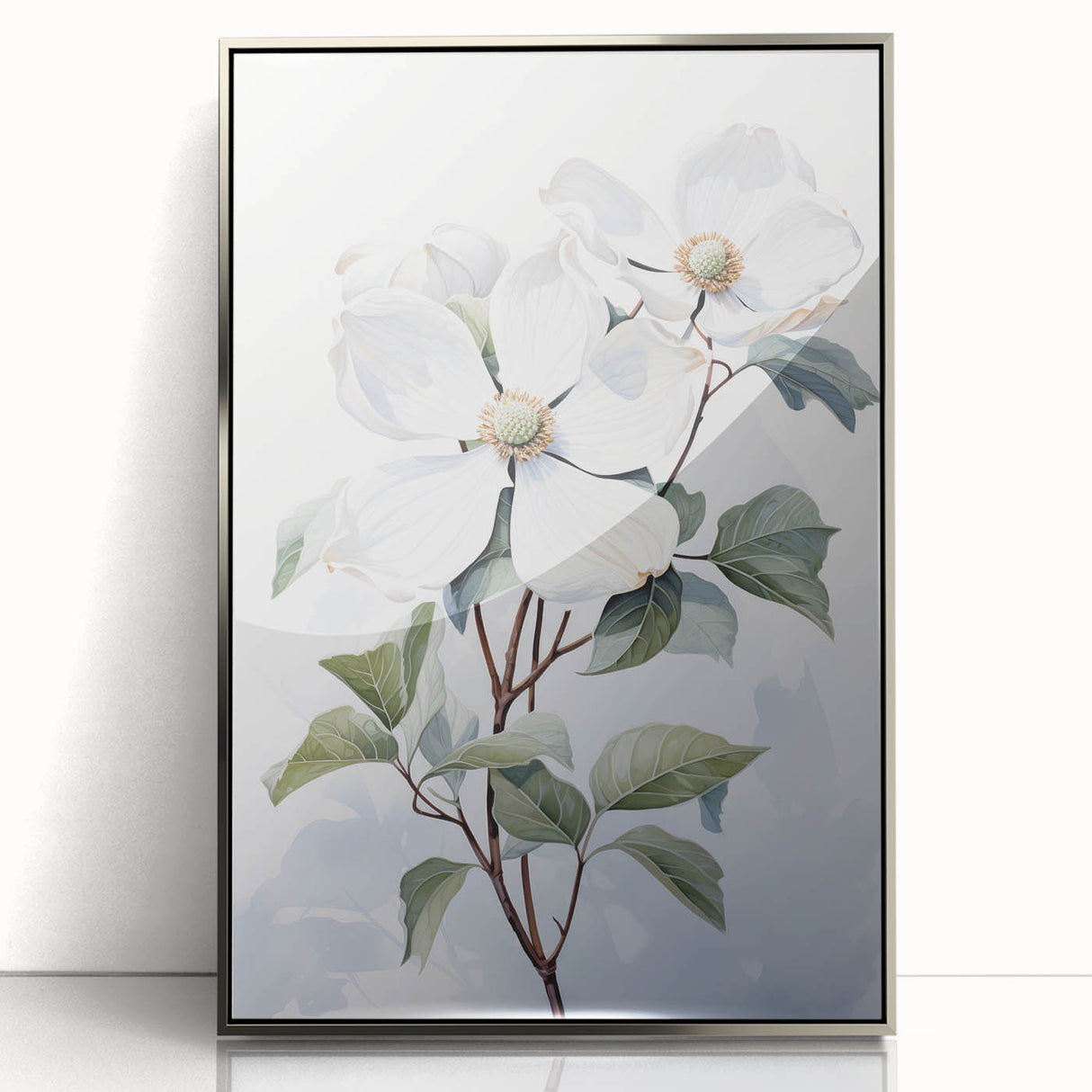 Framed botanical wall art featuring a delicate dogwood flower design in soft pastel colors, set in a sleek silver frame, ideal for modern home decor.