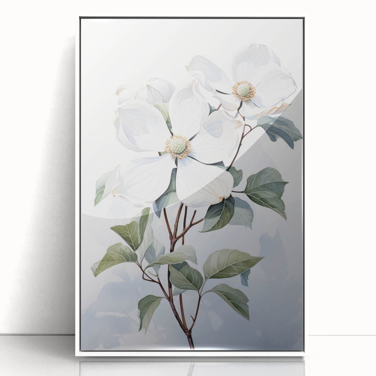 Framed acrylic wall art showcasing a botanical dogwood design with delicate white flowers against a minimalist backdrop, ideal for modern home decor.