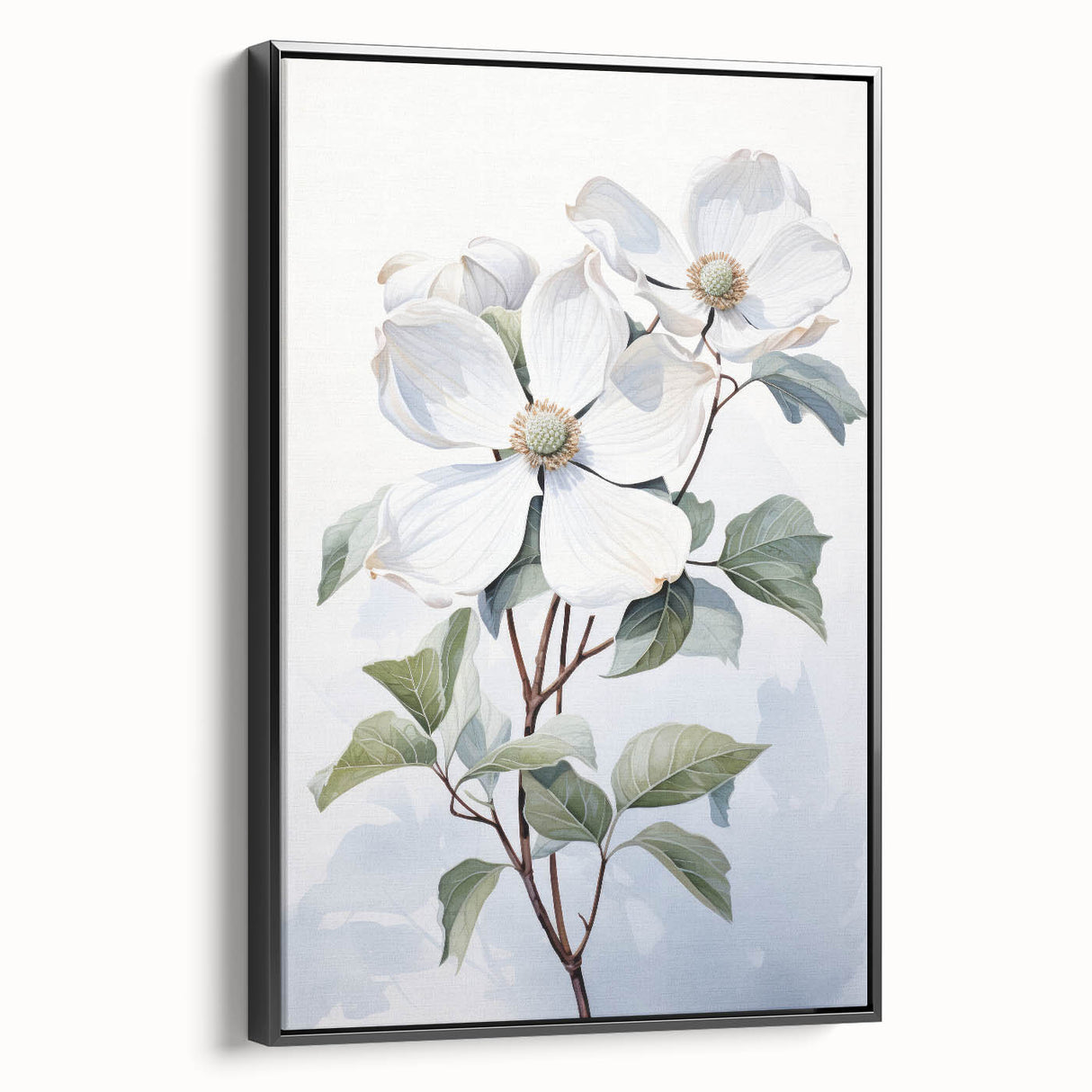 Framed botanical wall art featuring a dogwood design on textured canvas, showcased against a black background, ideal for enhancing home decor with nature-inspired elegance.