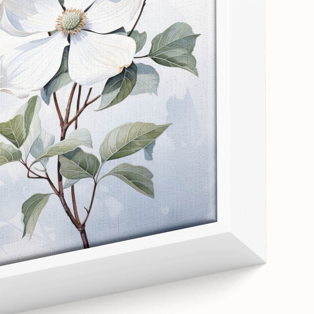 Close-up of a framed canvas wall art featuring a vibrant dogwood floral design, showcasing intricate details and rich colors, perfect for enhancing home decor.