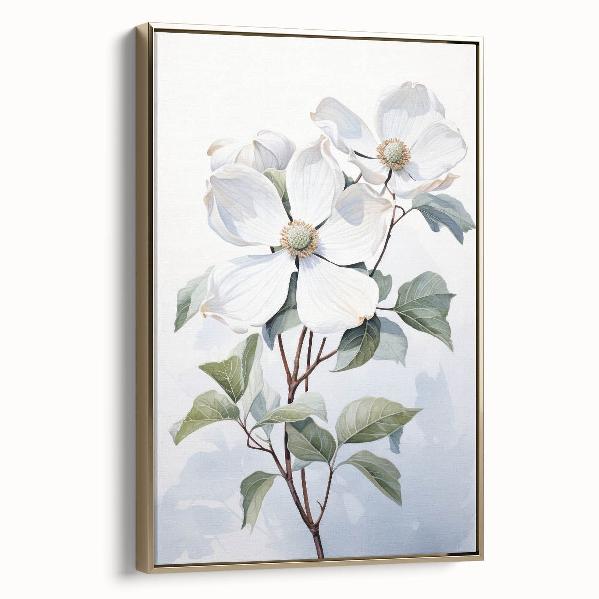 Framed canvas artwork showcasing a botanical dogwood design in vibrant colors, elegantly mounted with a gold frame, perfect for enhancing home decor.