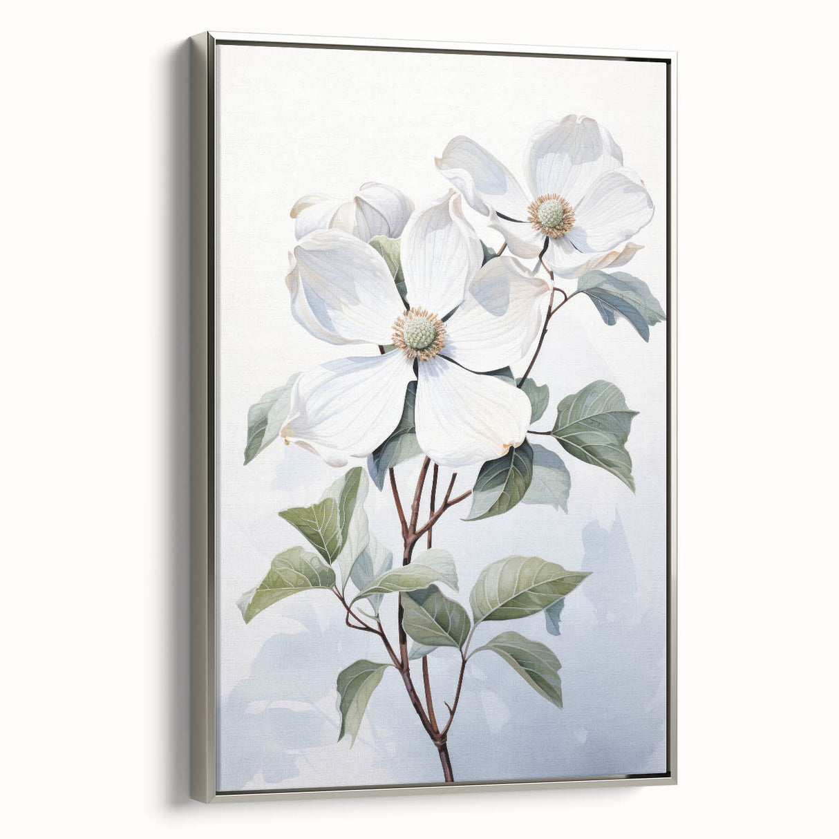 Framed canvas wall art showcasing a botanical dogwood design in soft pastel colors, elegantly presented from a side view with a sleek silver frame, perfect for home decor.