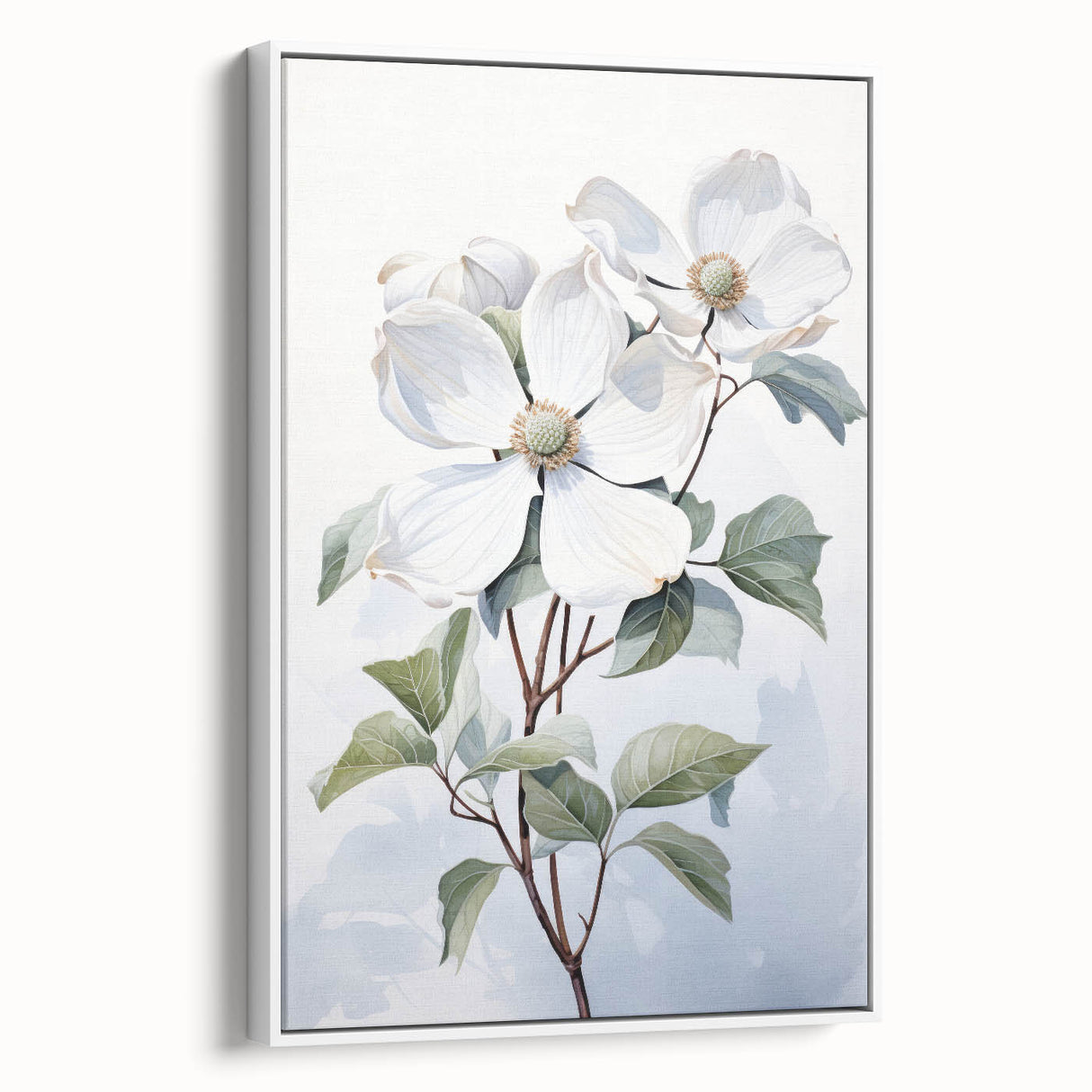 Framed botanical wall art featuring a delicate dogwood flower design, displayed in a sleek white frame, adding elegance to any room decor. Perfect for nature lovers seeking artistic inspiration.