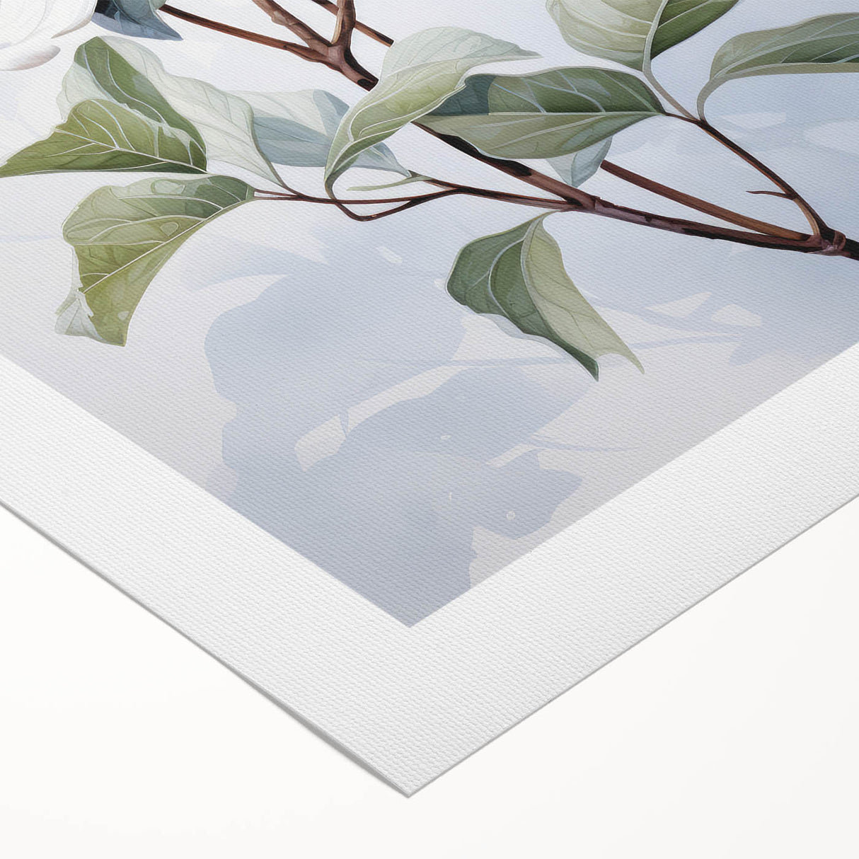 Botanical wall art design featuring vibrant dogwood flowers on a rolled canvas, showcasing intricate details and soft color tones, ideal for home decor.