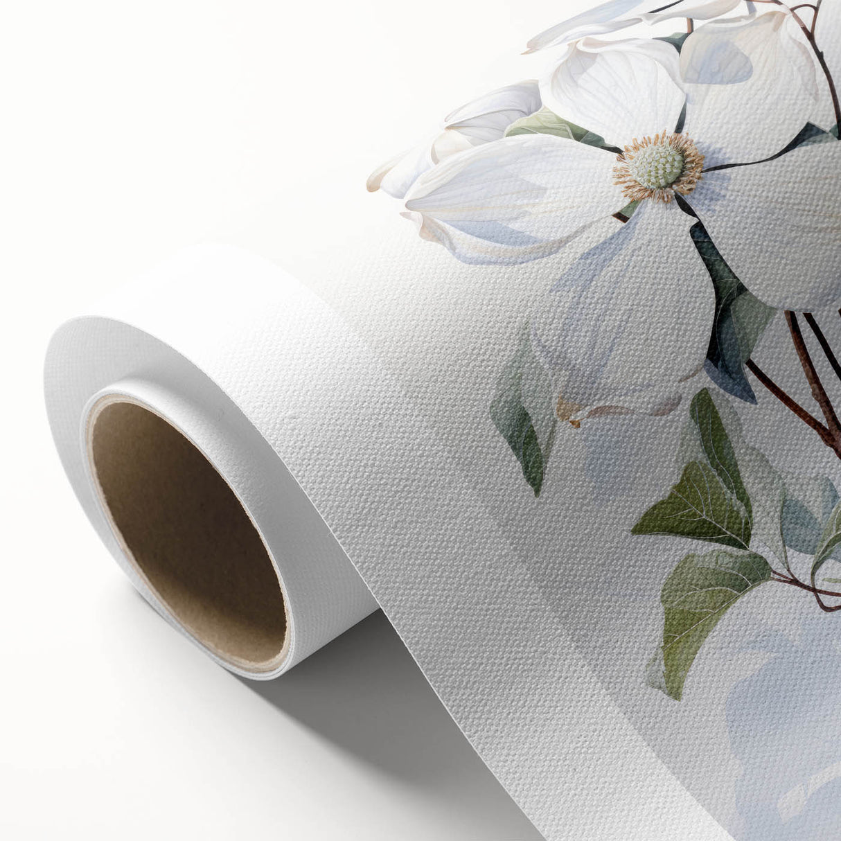 Botanical wall art print showcasing delicate dogwood flowers on rolled canvas, emphasizing soft pink and white hues, ideal for home decor and nature lovers.