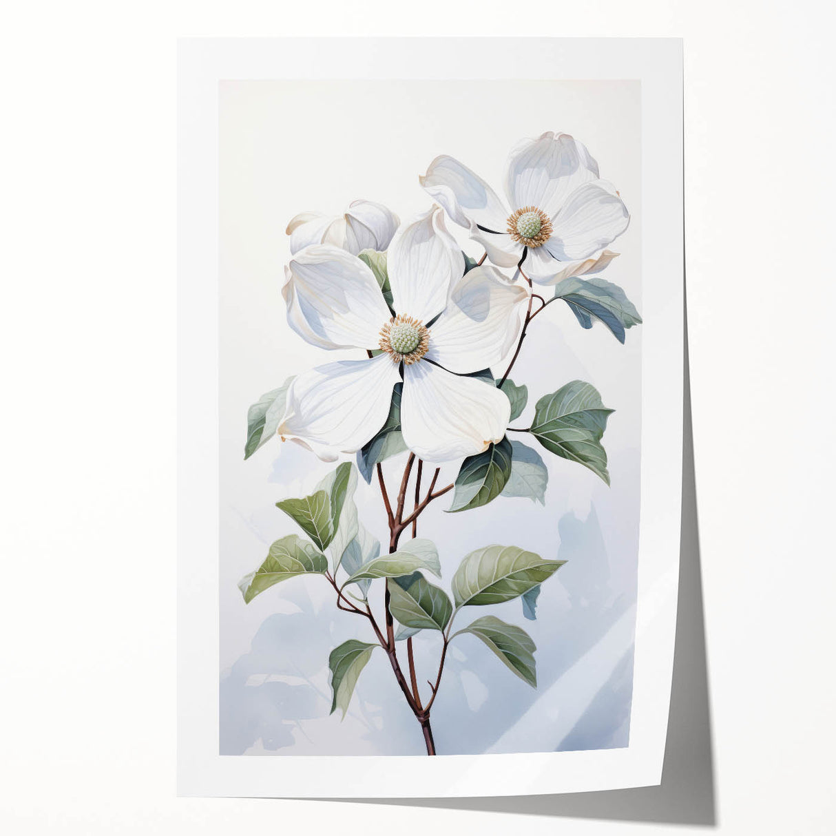 Botanical wall art print showcasing intricate dogwood flower designs in soft pastel colors, rolled for easy framing and display in home decor. Perfect for nature-inspired interiors.