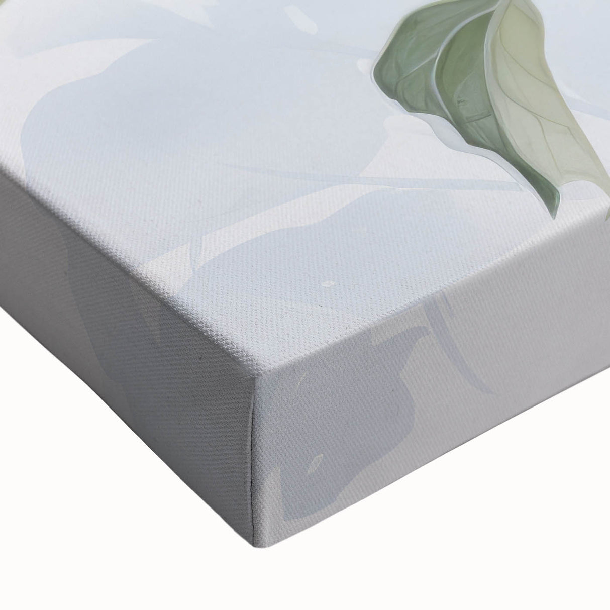 Close-up of a vibrant stretched canvas featuring an intricate botanical dogwood design, showcasing detailed floral patterns in soft pastels, perfect for home decor.