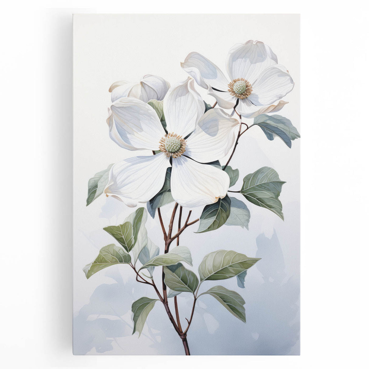Botanical wall art featuring a vibrant dogwood flower design on stretched canvas, showcasing intricate details and soft pastel colors, perfect for home decor.