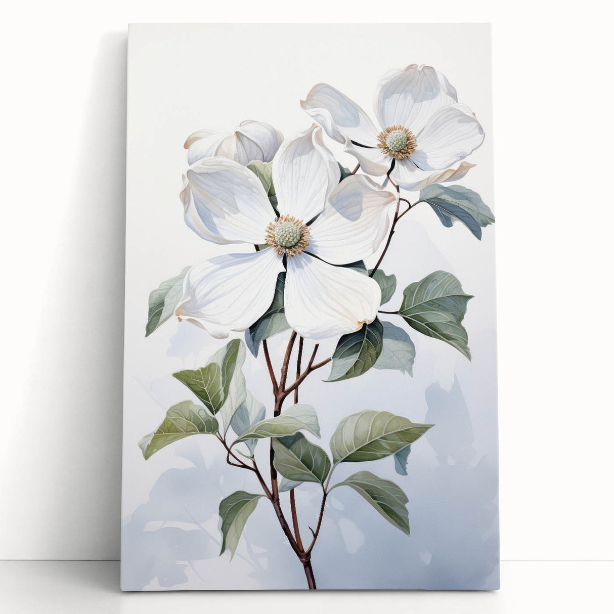 Botanical wall art featuring a vibrant dogwood design on stretched canvas, showcasing intricate floral details and soft pastel colors, perfect for home decor.