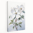 Stretched canvas wall art showcasing a vibrant dogwood floral design, featuring intricate botanical details and a side view highlighting its depth, perfect for home decor.