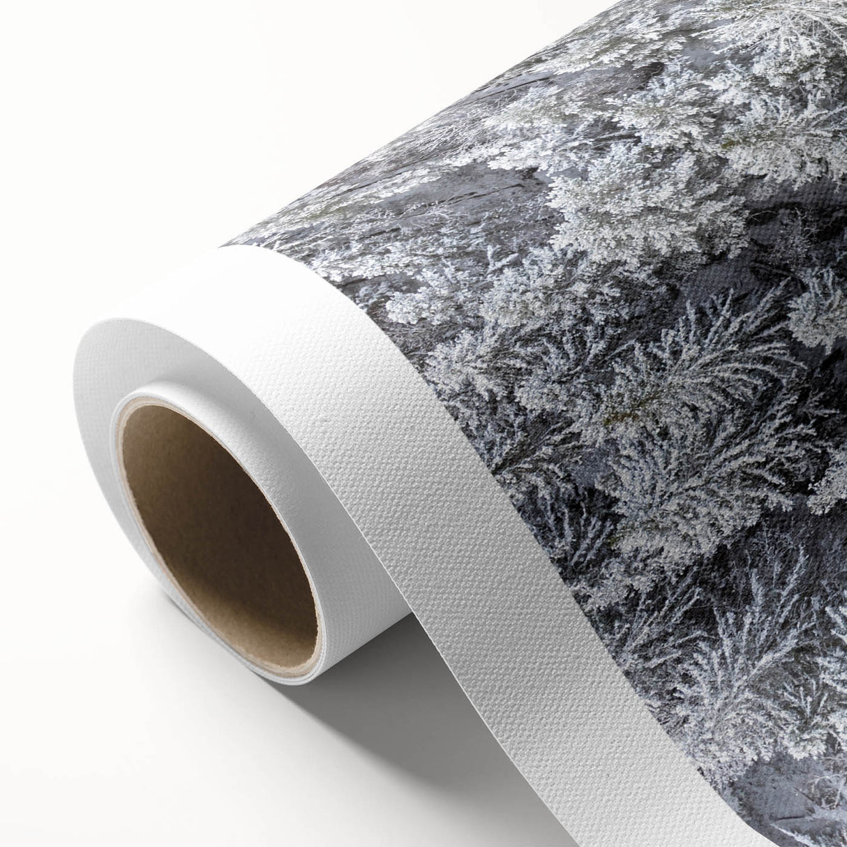 Botanical forest wall art design on rolled canvas showcasing vibrant flowers and trees in lush colors, perfect for home decor or nature-themed interiors.