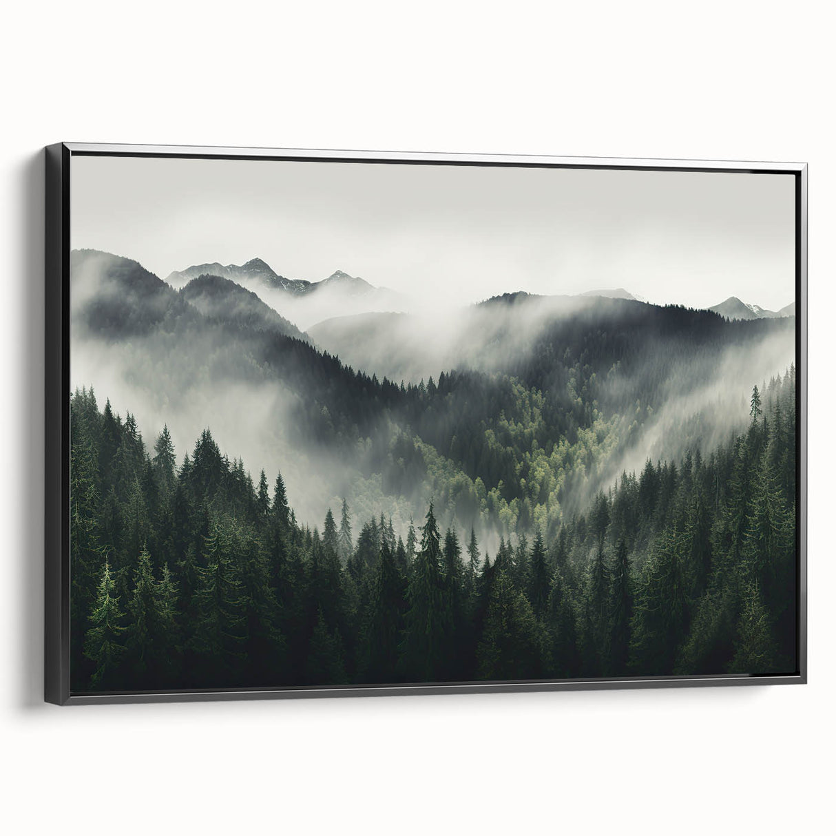 Framed canvas artwork depicting a botanical forest scene with vibrant flowers and trees, showcasing a modern design in a sleek black frame, ideal for home decor.