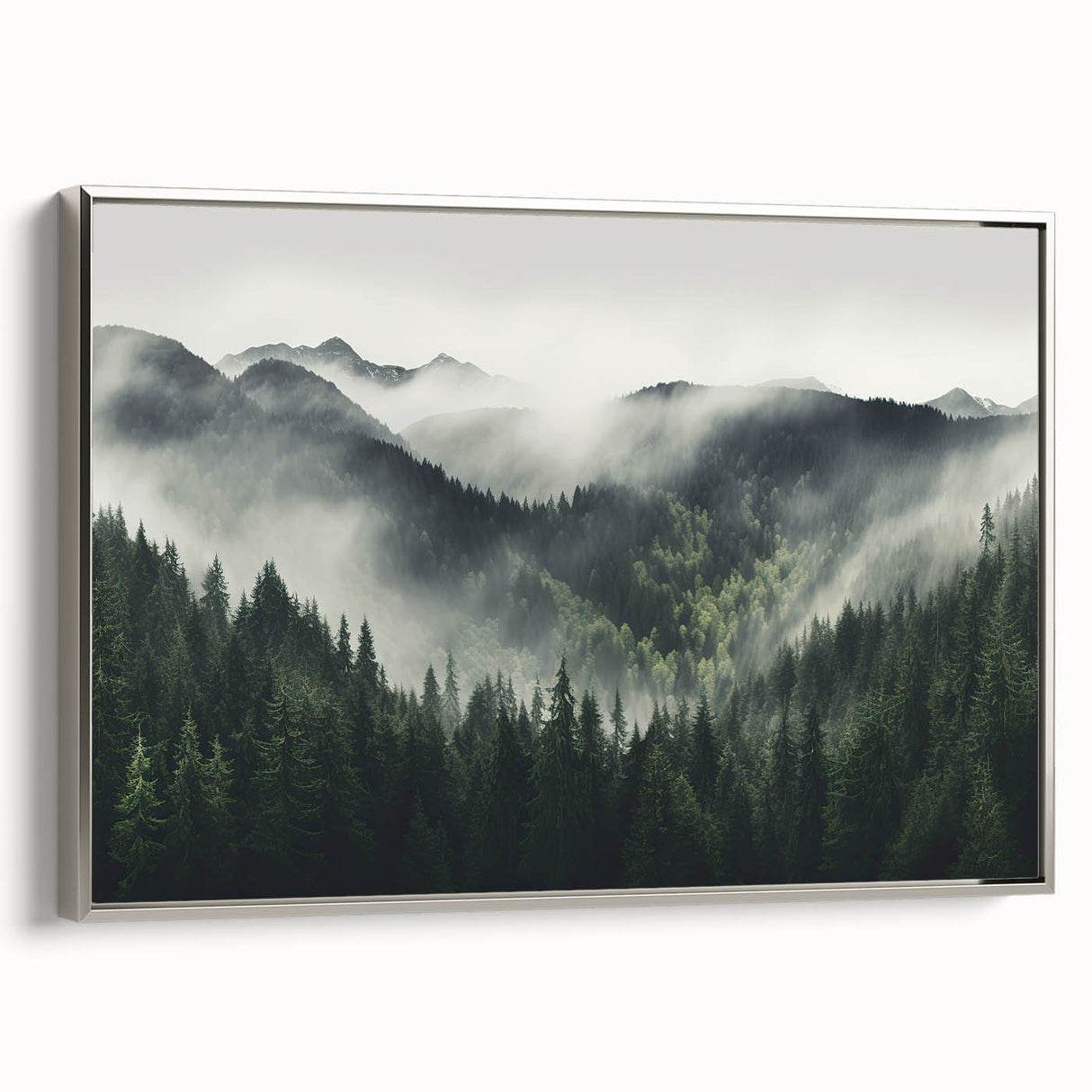 Framed canvas wall art showcasing a botanical forest design with colorful flowers and trees, featuring a sleek silver frame and side view for elegance.
