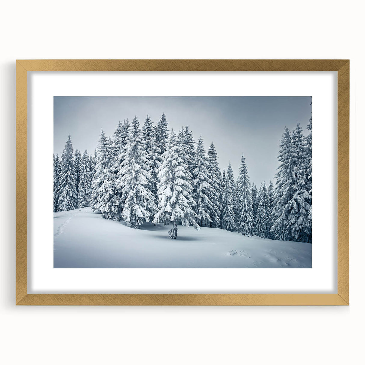 Botanical forest wall art collection featuring a framed design of vibrant flowers and trees in gold, elegantly matted to enhance its natural beauty. Perfect for home decor.