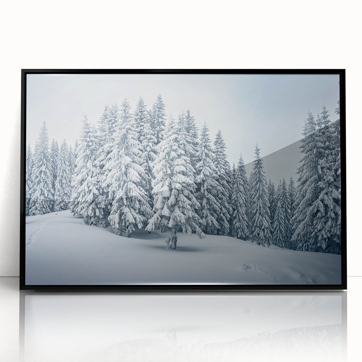 Framed wall art featuring a botanical forest design with colorful flowers and trees, set in a sleek black frame, ideal for enhancing home decor.