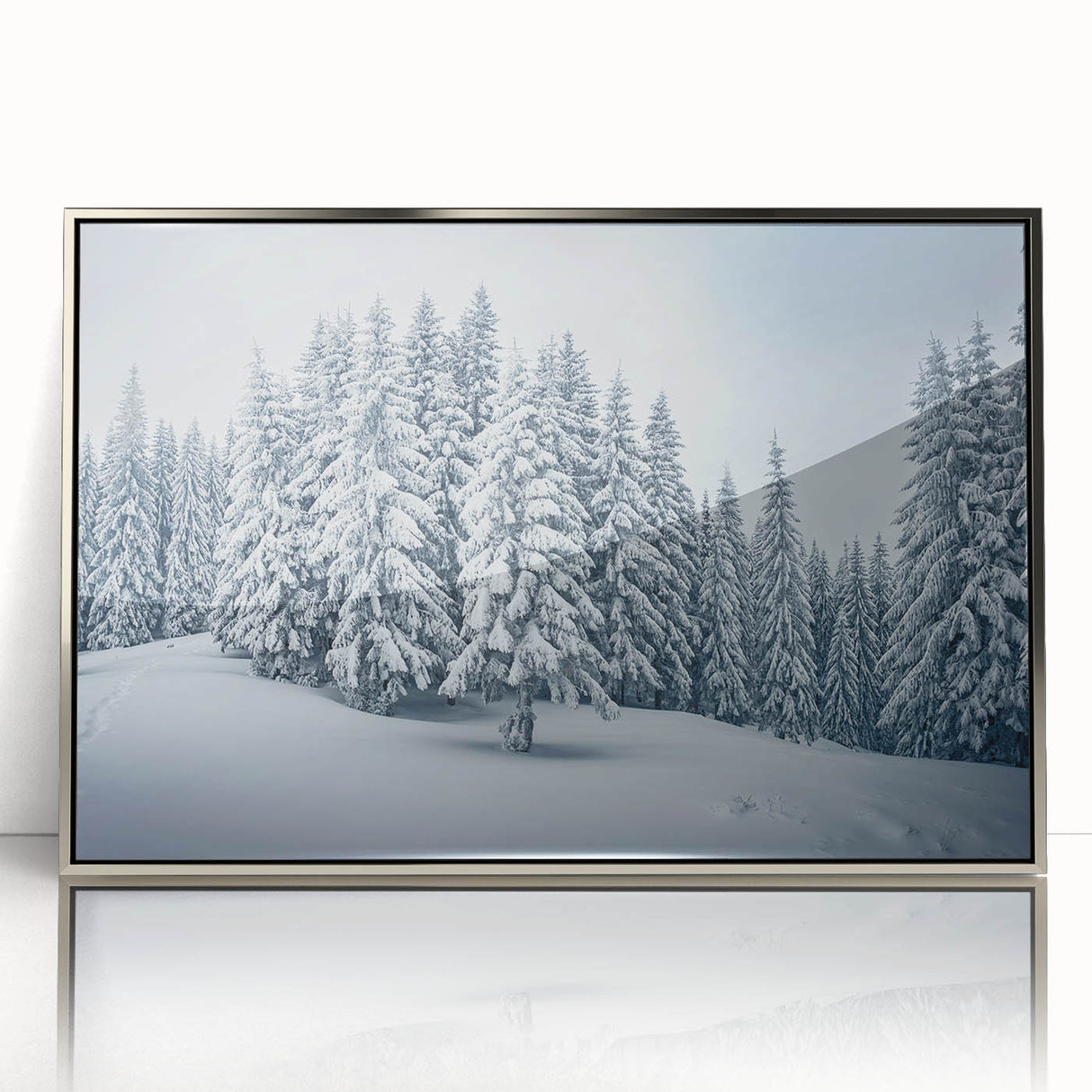 Framed wall art showcasing a botanical forest design with vibrant flowers and trees, set in a sleek silver frame, ideal for enhancing home decor with natural elegance.