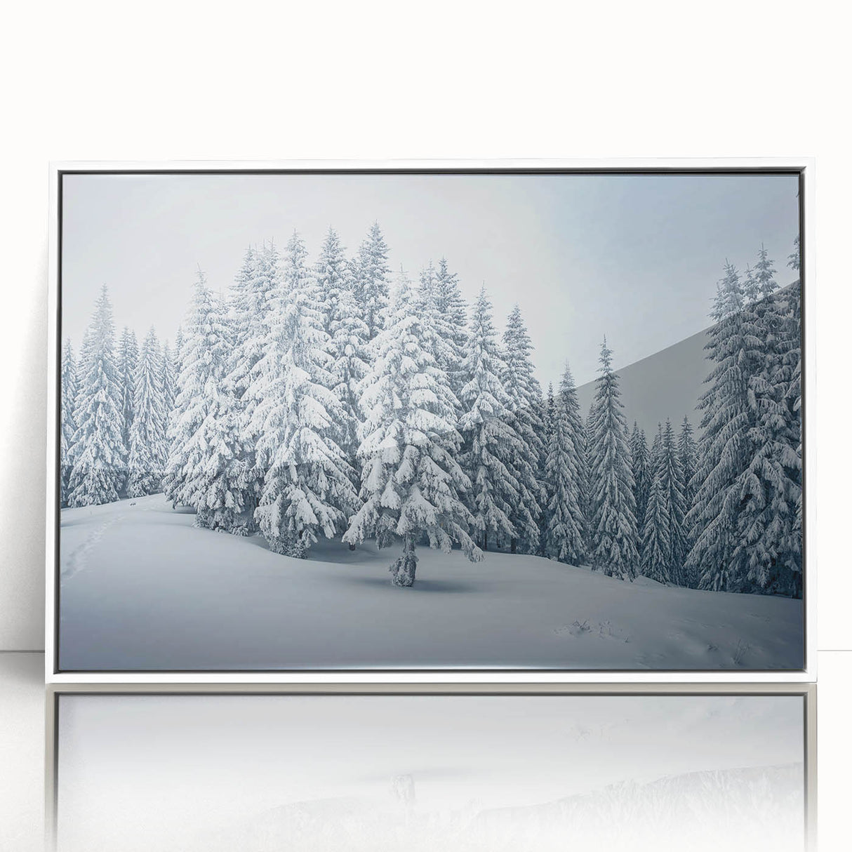 Framed wall art featuring a botanical forest design with vibrant flowers and trees, presented in a sleek white frame, ideal for nature-inspired decor.