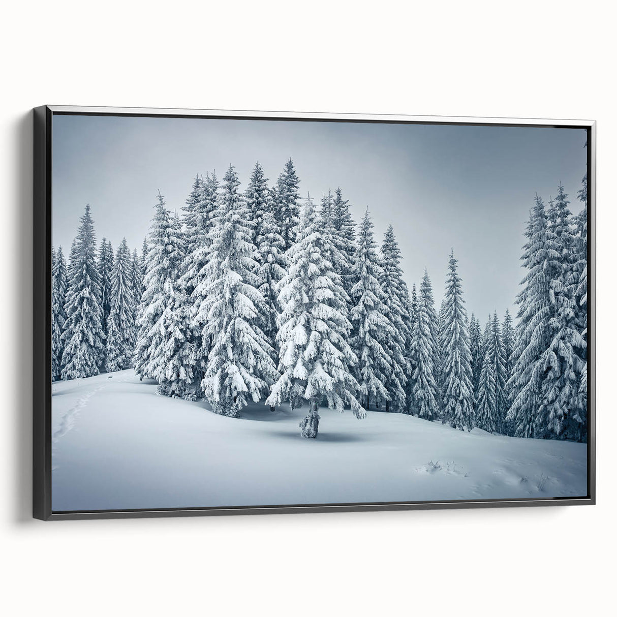 Framed canvas wall art showcasing a botanical forest design with colorful flowers and lush greenery, presented from a black side view. Ideal for nature-themed decor.