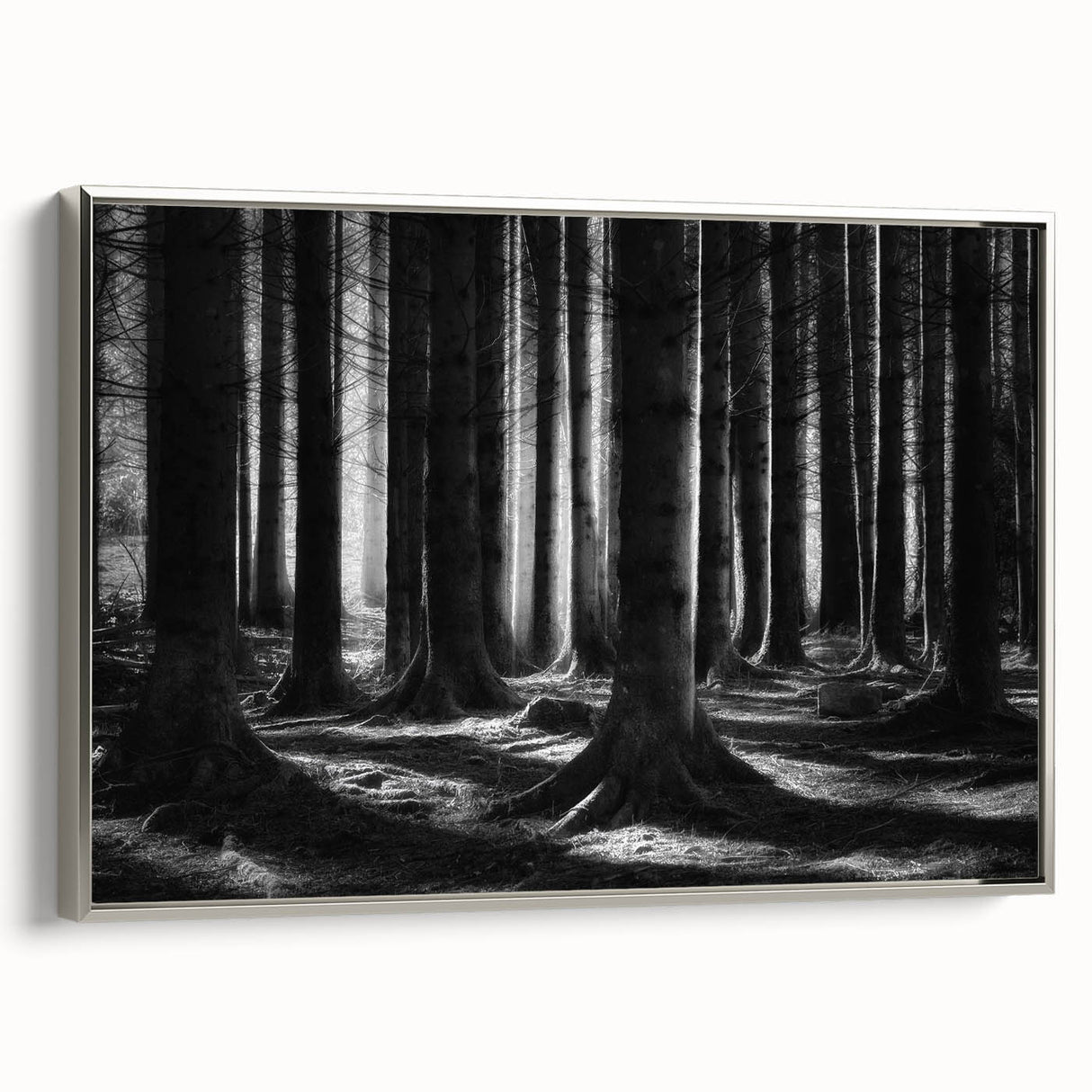 Framed canvas wall art showcasing a botanical forest design with vibrant flowers and trees, featuring a sleek silver frame, ideal for modern home decor.