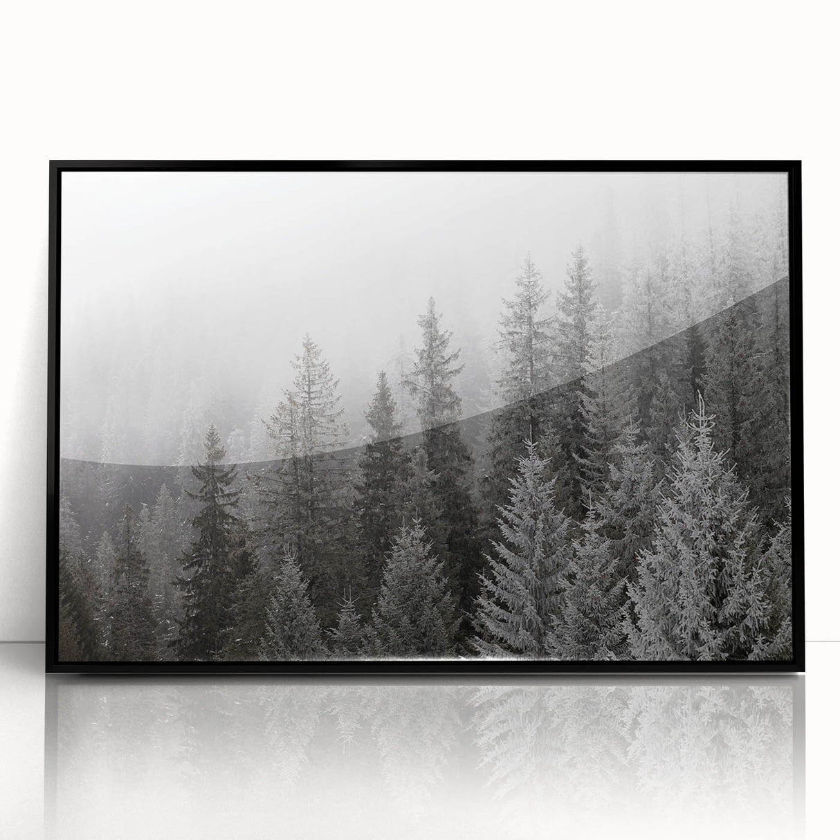 Framed wall art featuring a botanical forest design with vibrant flowers and trees, set against a sleek black frame, ideal for enhancing home decor.