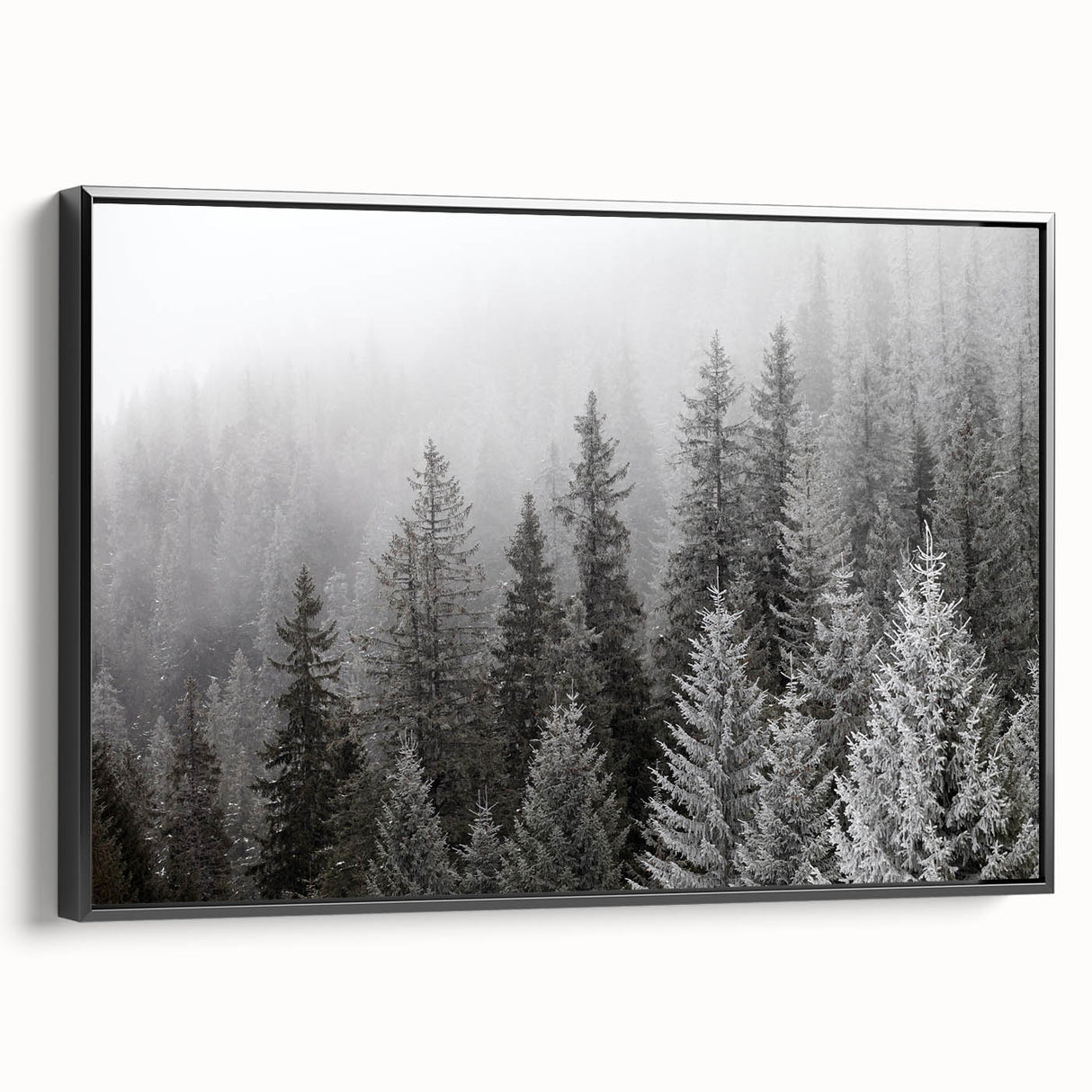 Framed wall art showcasing a botanical forest design with vibrant flowers and trees, featuring a sleek black frame and a side view perspective.