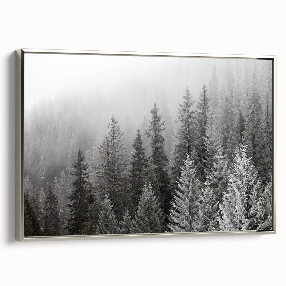 Framed wall art featuring a botanical forest design with vibrant flowers and trees, set against a silver frame, showcasing a modern aesthetic perfect for home decor.