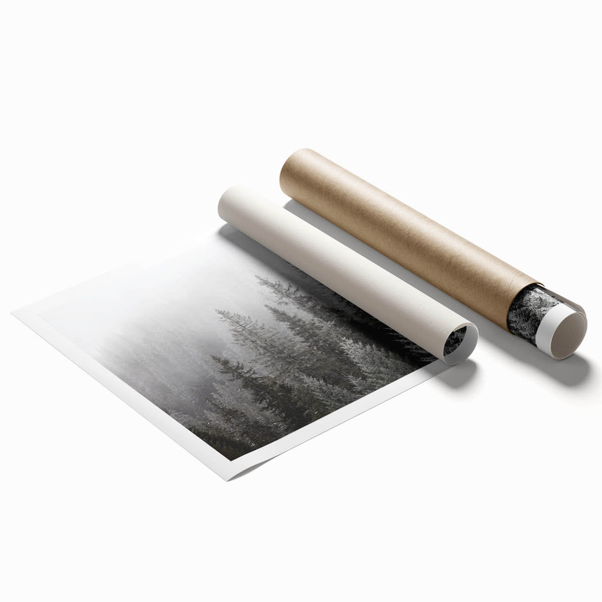 Botanical forest wall art print showcasing vibrant flowers and trees in a lush green setting, rolled for easy shipping and display in home decor.