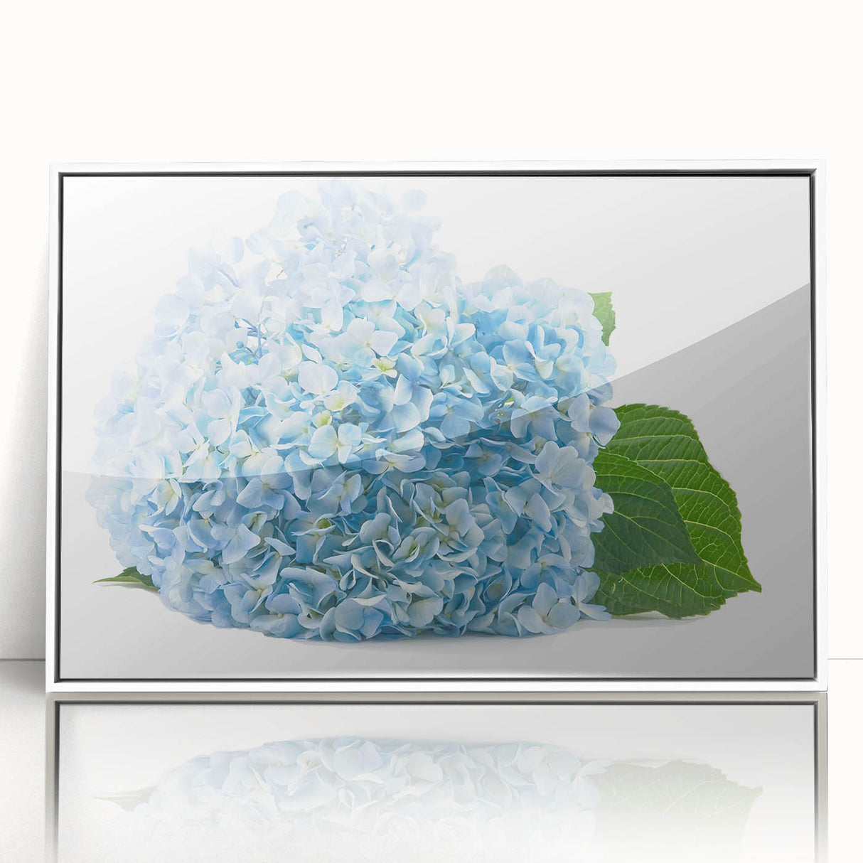 Framed botanical wall art featuring a vibrant hydrangea design on a white background, ideal for home decor, adding a touch of nature to any room.