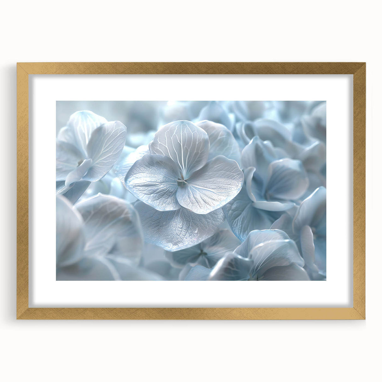 Botanical wall art featuring a beautiful hydrangea design in a gold frame with a mat, perfect for adding elegance to home decor. Ideal for floral enthusiasts.