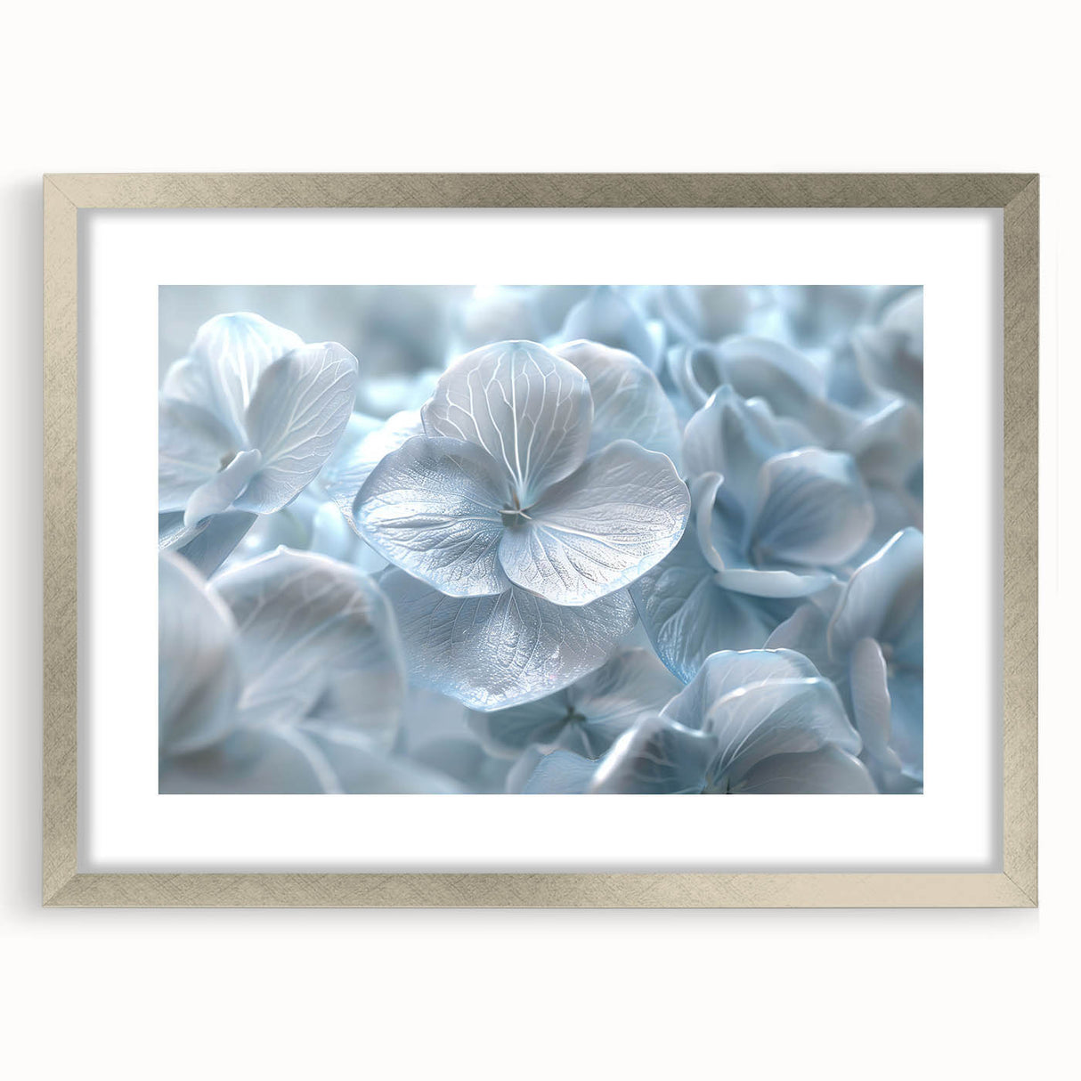 Botanical hydrangea wall art print in a silver frame with a mat, showcasing detailed floral design and vibrant colors, perfect for home decor enhancement.
