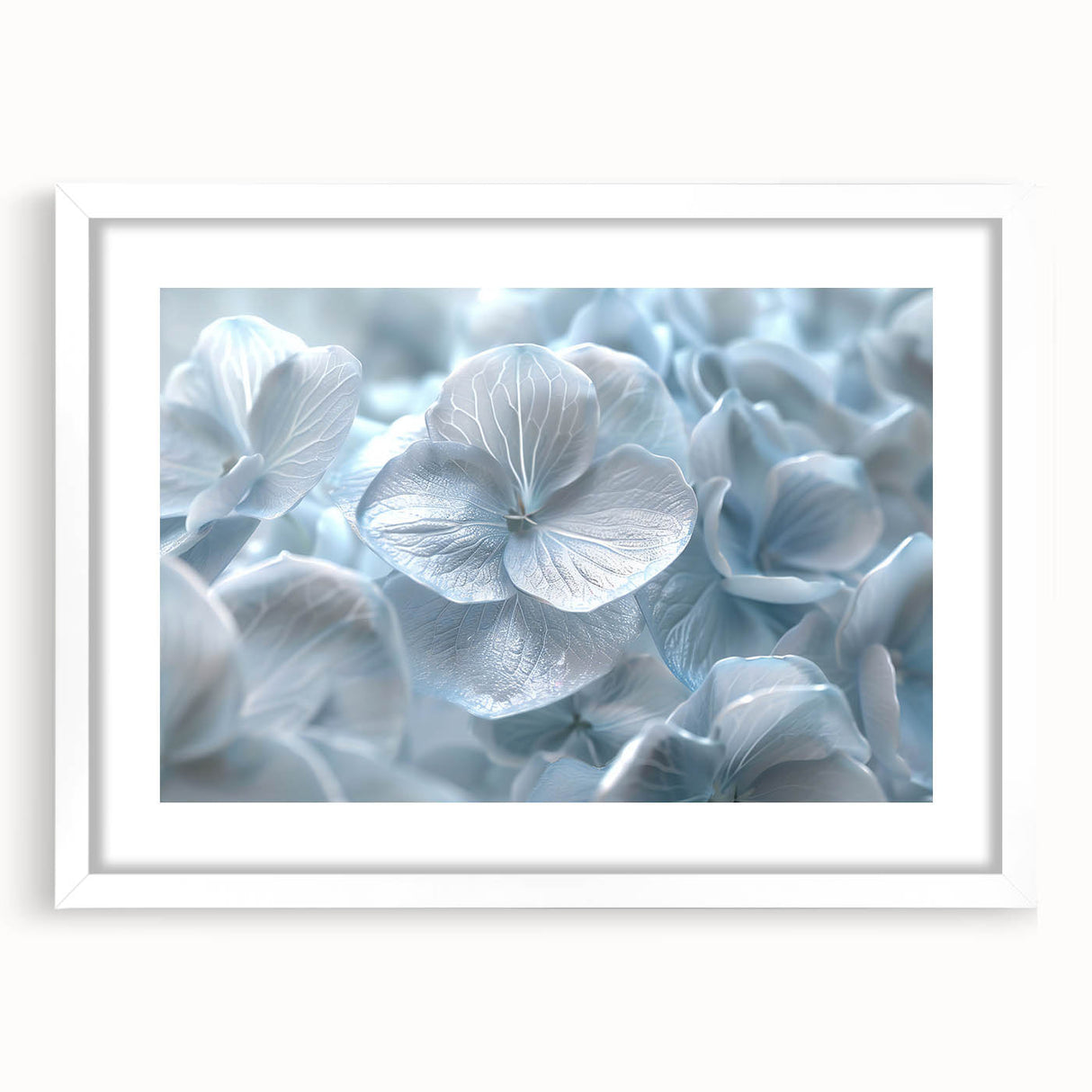 Botanical wall art featuring a framed hydrangea design with a white mat, showcasing delicate floral details and soft pastel colors, ideal for home decor.