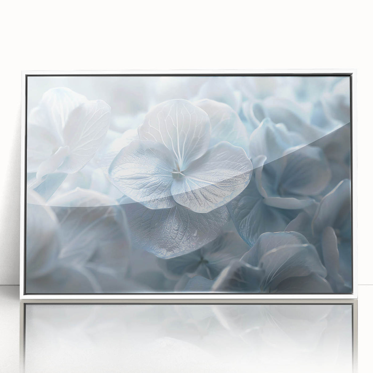 Framed botanical wall art featuring a vibrant hydrangea design in shades of blue and white, elegantly displayed with a sleek white frame, perfect for home decor.