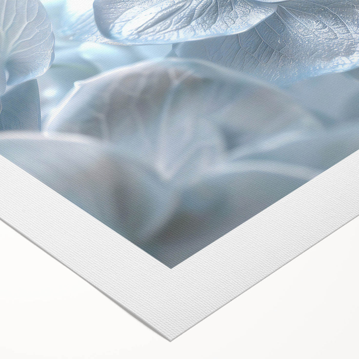 Vibrant rolled canvas wall art showcasing a detailed botanical design of hydrangeas in soft pastel colors, perfect for home decor. The artwork features intricate floral patterns and textures, enhancing any living space with a touch of nature.