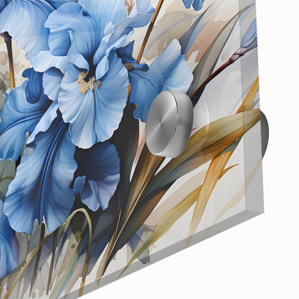 Close-up of a vibrant botanical wall art piece featuring irises on acrylic glass, showcasing intricate details and rich colors, perfect for home decor.