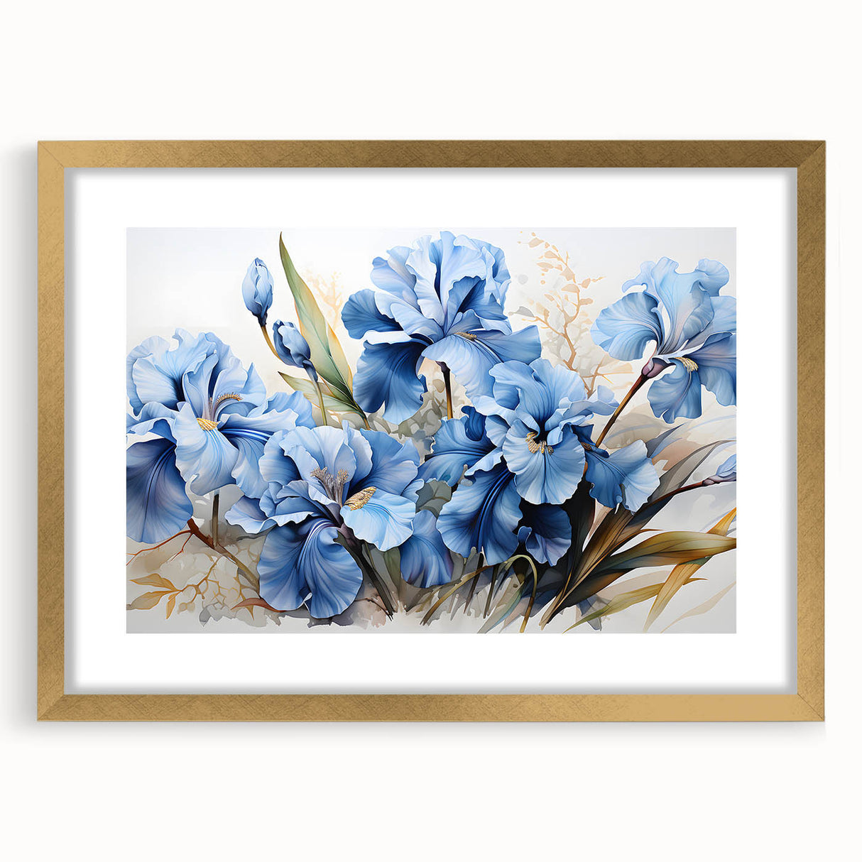Botanical wall art featuring a detailed iris design, elegantly framed with a gold finish and matting, perfect for home decor enthusiasts seeking floral elegance.