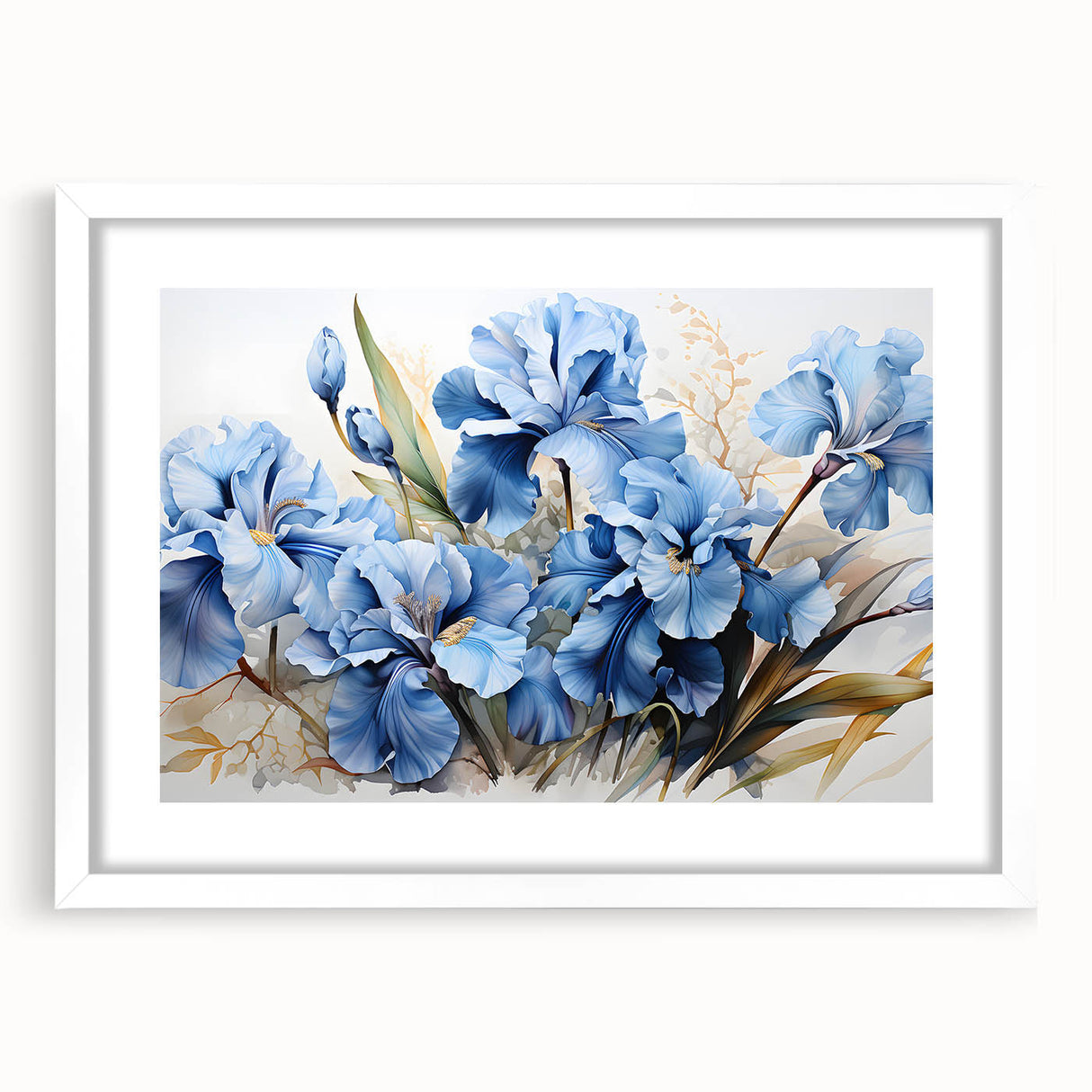 Framed wall art showcasing a botanical iris design with a white mat, perfect for home decor. Elegant floral illustration adds a touch of nature to any interior.