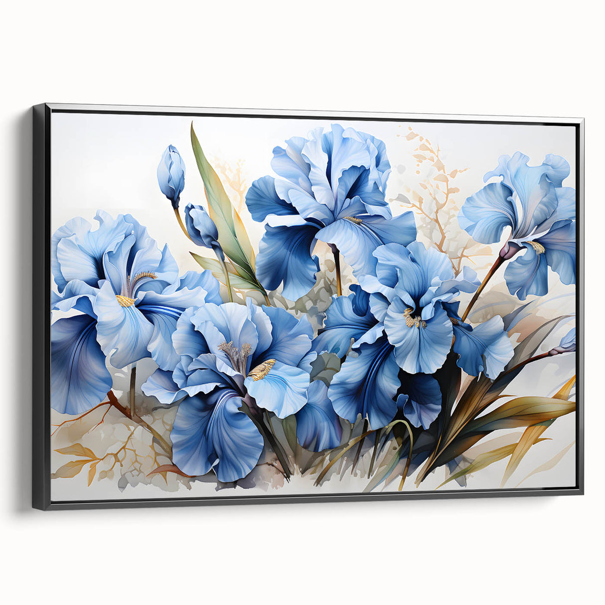 Framed botanical wall art featuring a vibrant iris design, showcasing rich colors and intricate details against a sleek black frame, ideal for modern home decor.
