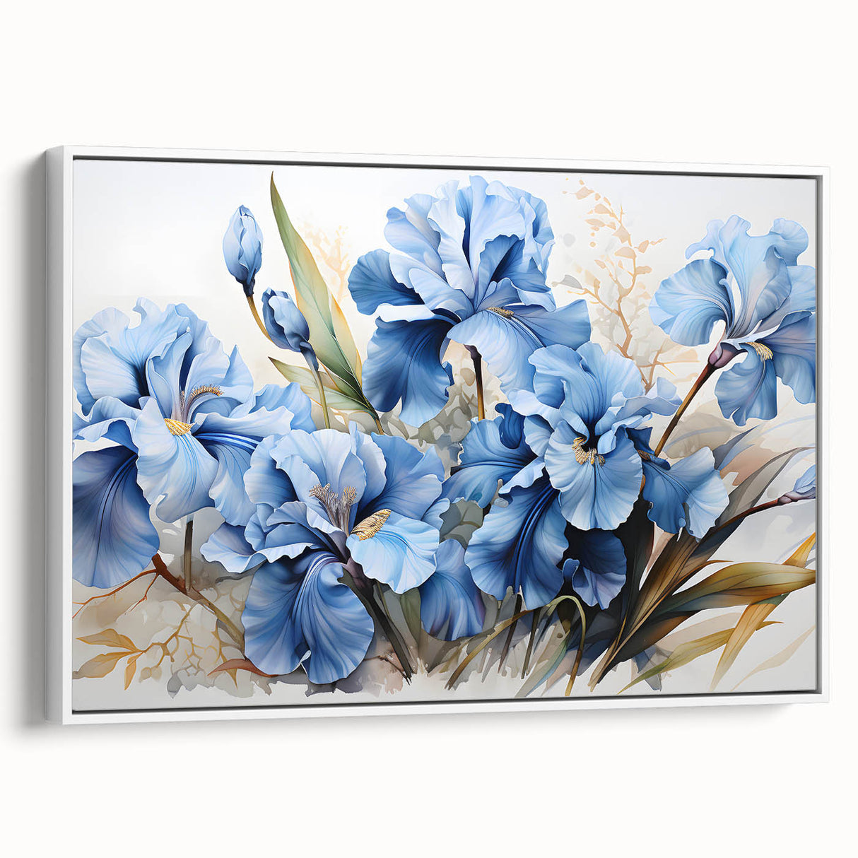 Framed wall art showcasing a delicate botanical iris design on canvas, featuring a white frame and side view, perfect for enhancing interior decor with a touch of elegance.