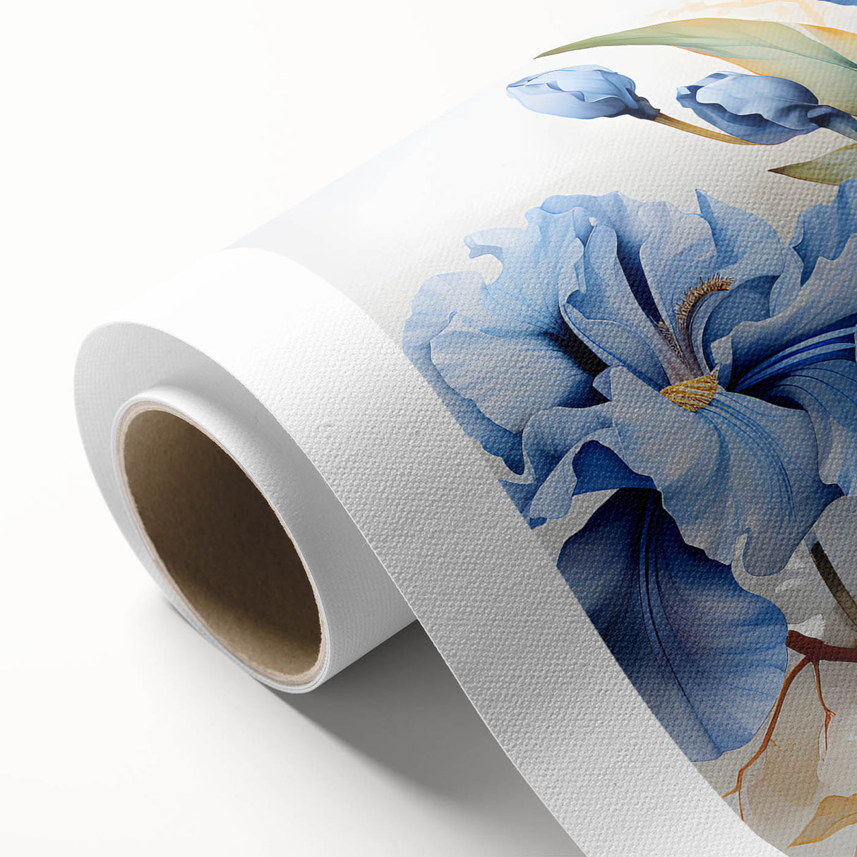 Botanical wall art featuring a vibrant iris design on rolled canvas, showcasing intricate floral details in shades of blue and purple, perfect for home decor.