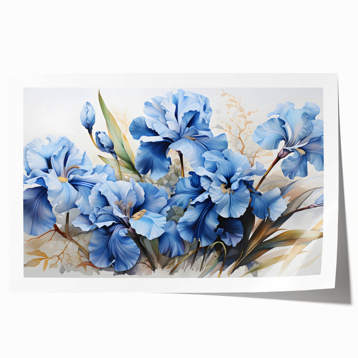 Botanical art print featuring intricate iris flowers in vibrant colors, showcasing detailed floral patterns on high-quality rolled canvas for elegant home decor.