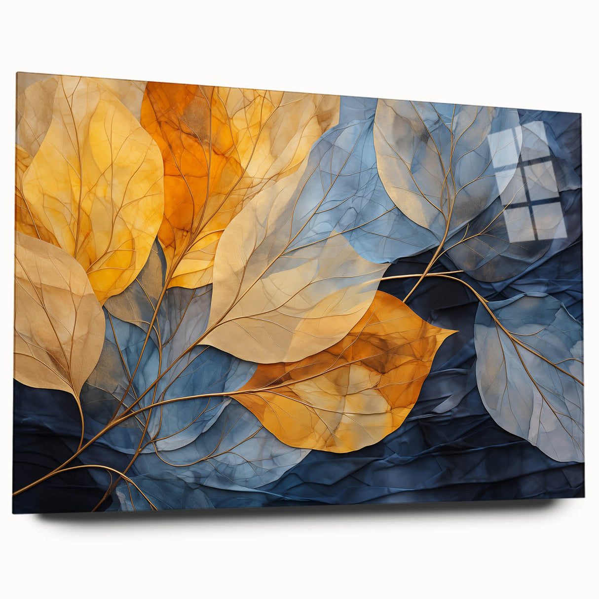 Acrylic glass wall art collection showcasing a vibrant floral and botanical leaves design, elegantly displayed from the side to highlight its modern aesthetic. Perfect for enhancing interior decor with a touch of nature.