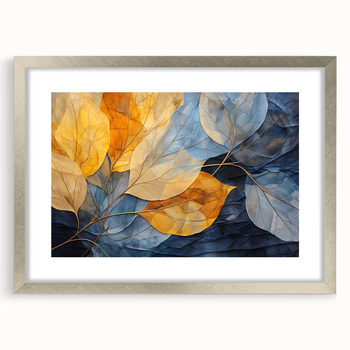 Botanical wall art collection featuring a silver frame and mat, showcasing vibrant floral and leaf designs, perfect for enhancing home decor with nature-inspired aesthetics.