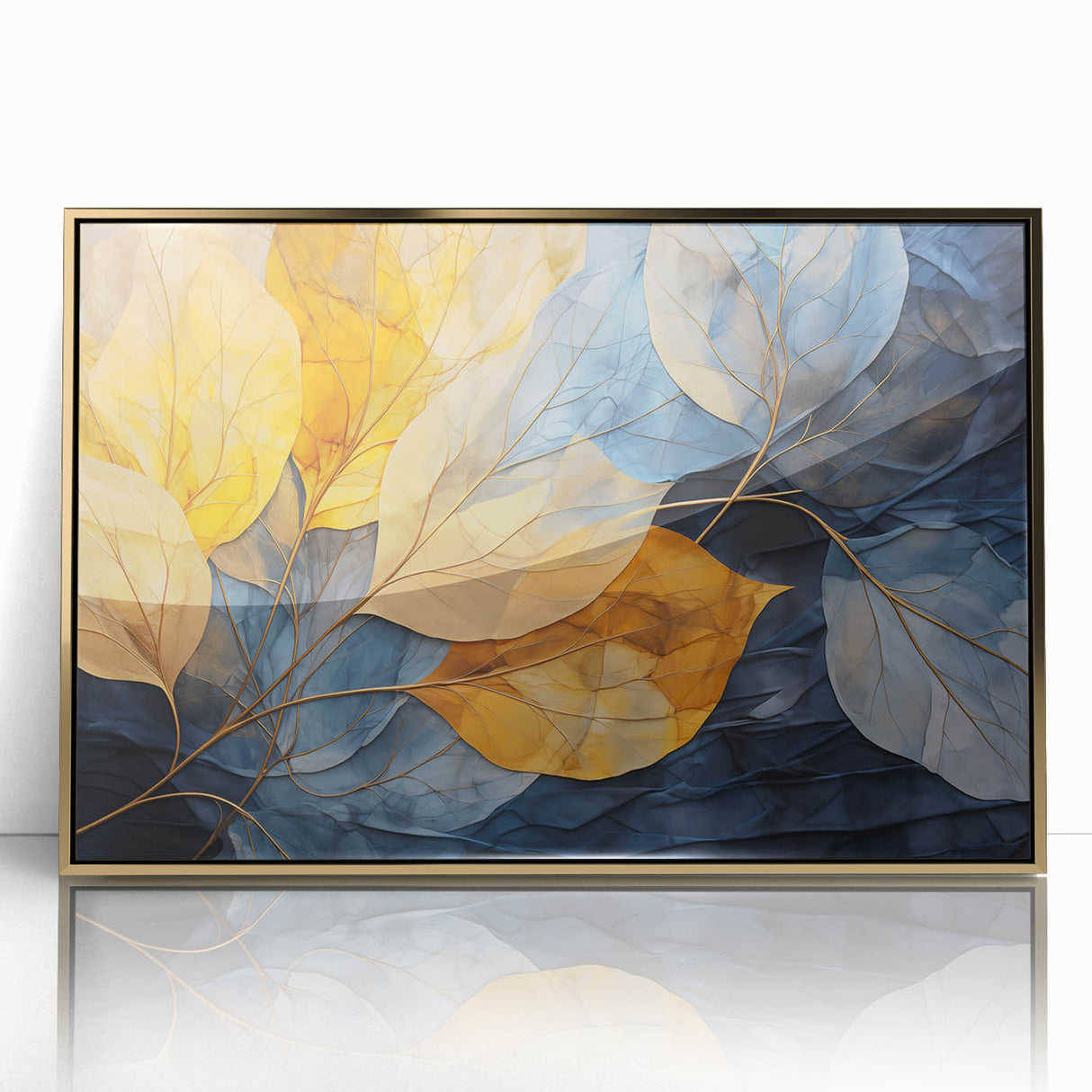 Framed wall art featuring a botanical design with colorful flowers and leaves, set in a sleek gold frame, perfect for enhancing home decor with nature-inspired elegance.