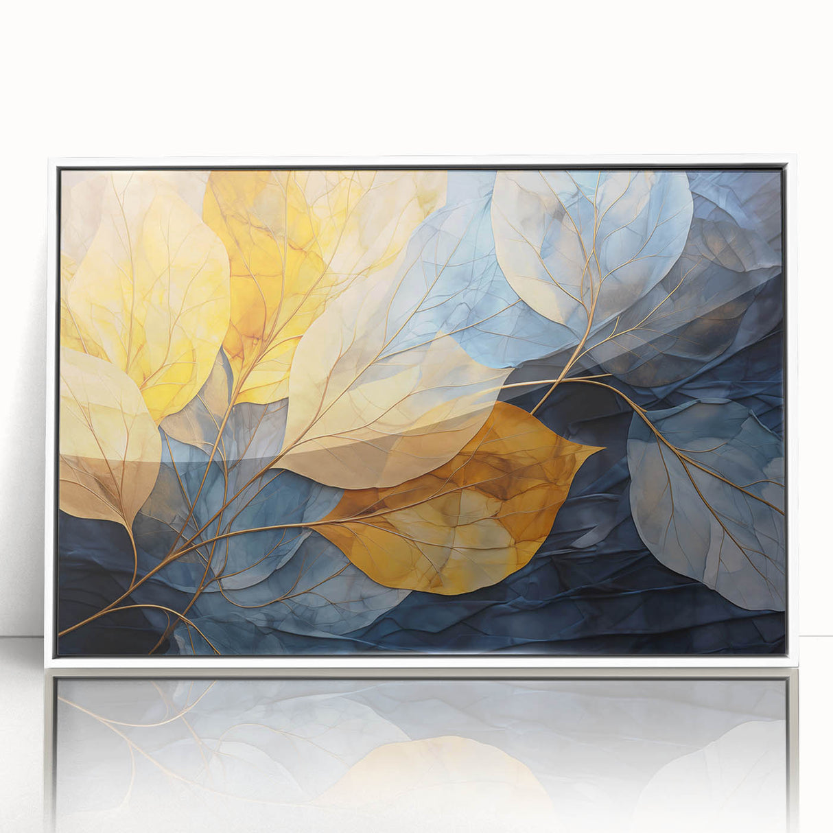 Framed acrylic wall art showcasing a botanical design with vibrant flowers and leaves, set against a sleek white background, perfect for modern home decor.