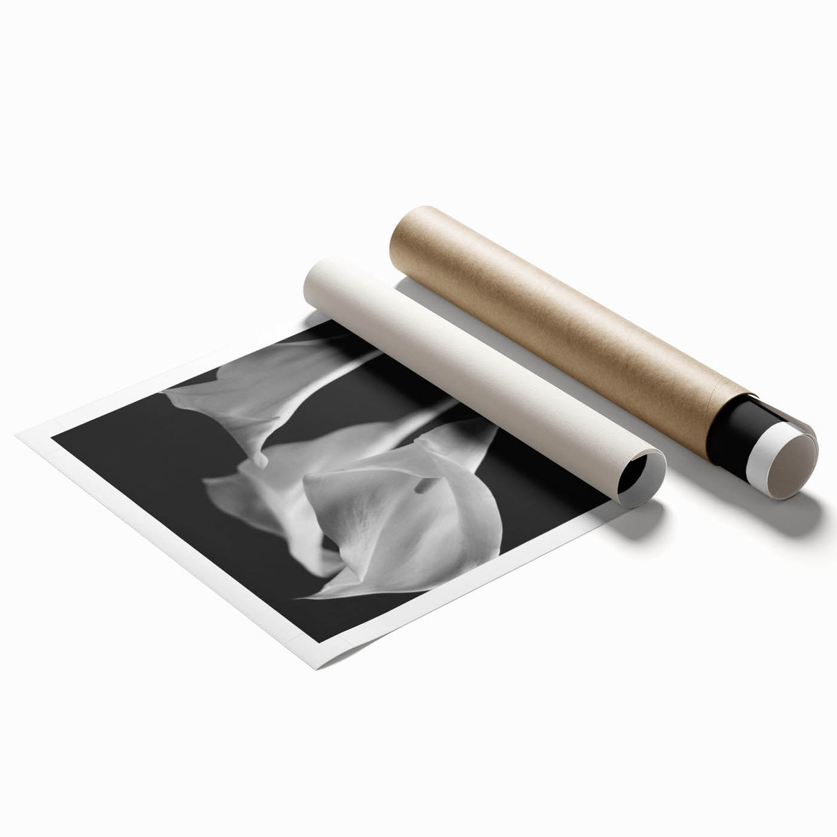 Vibrant botanical wall art print featuring elegant white lilies with green leaves on a soft beige background, showcasing intricate details and textures, perfect for home decor.