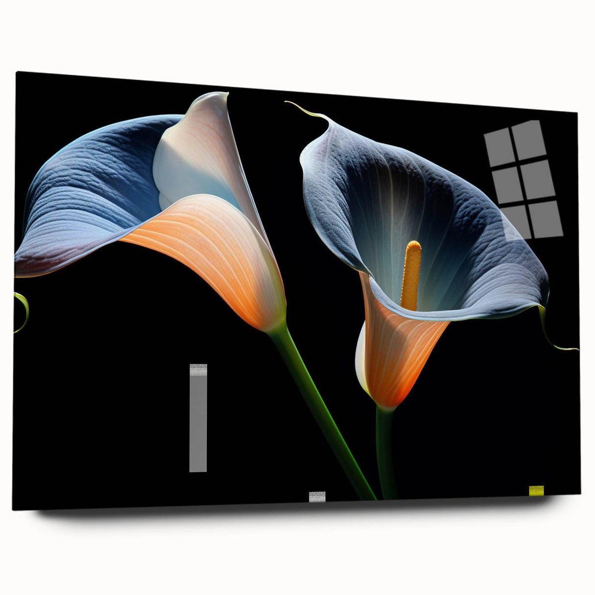Elegant botanical wall art featuring a vibrant lily design on acrylic glass, displayed from a side view, showcasing its modern aesthetic and unique colors.