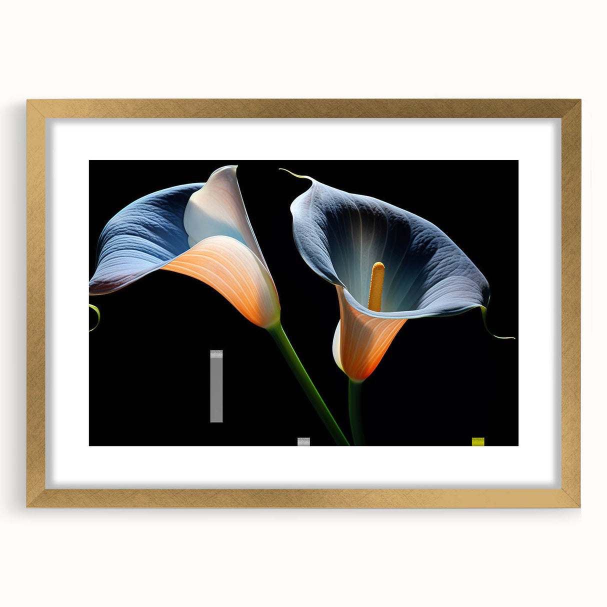 Botanical wall art print featuring a delicate lily design in soft colors, framed in gold with a mat for an elegant touch, perfect for home decor.