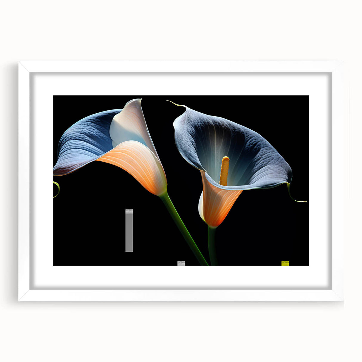 Botanical wall art featuring a delicate lily design, framed in white with a mat, showcasing elegant floral aesthetics perfect for home decor.