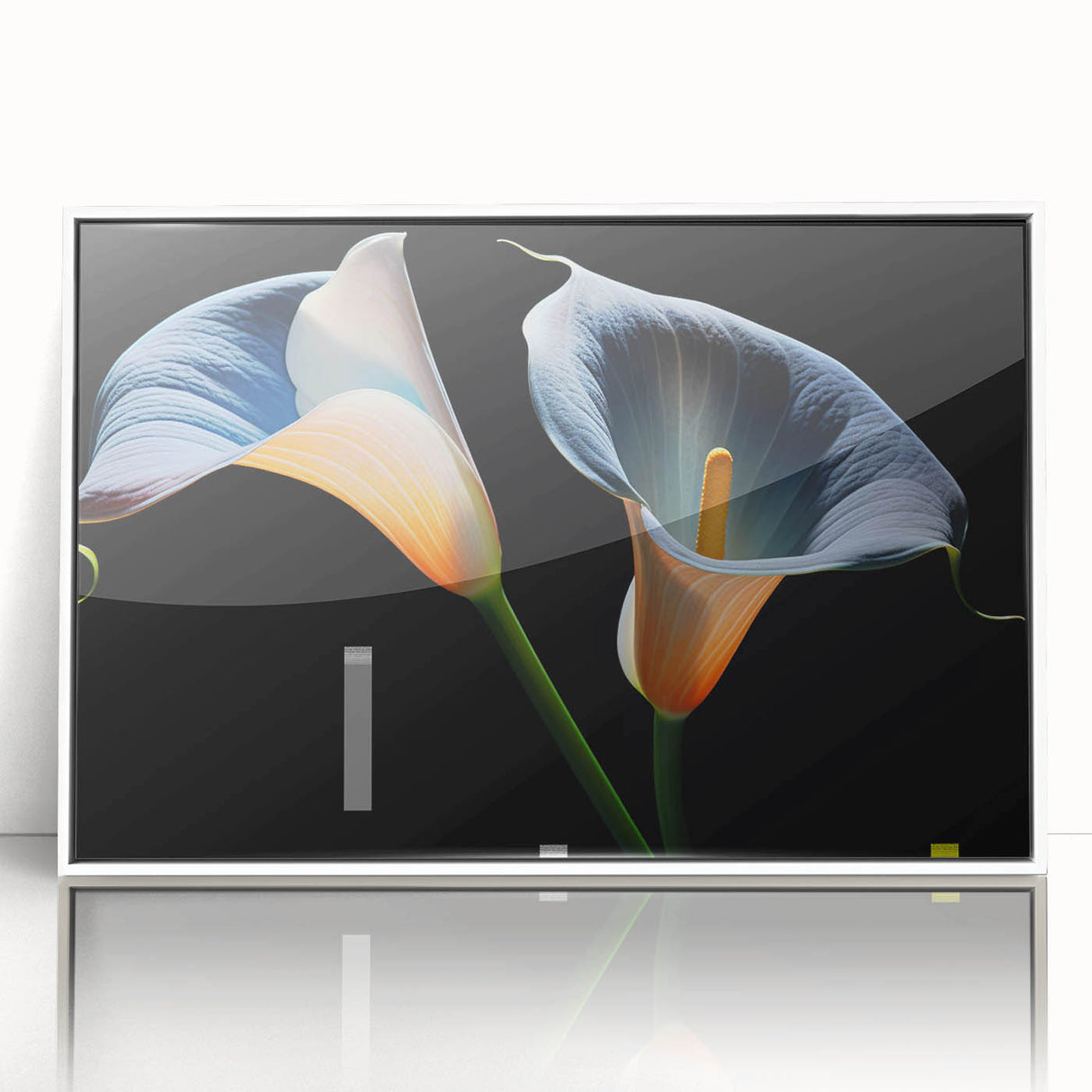 Framed botanical wall art featuring a detailed white lily design on a textured acrylic surface, perfect for adding elegance to home decor.