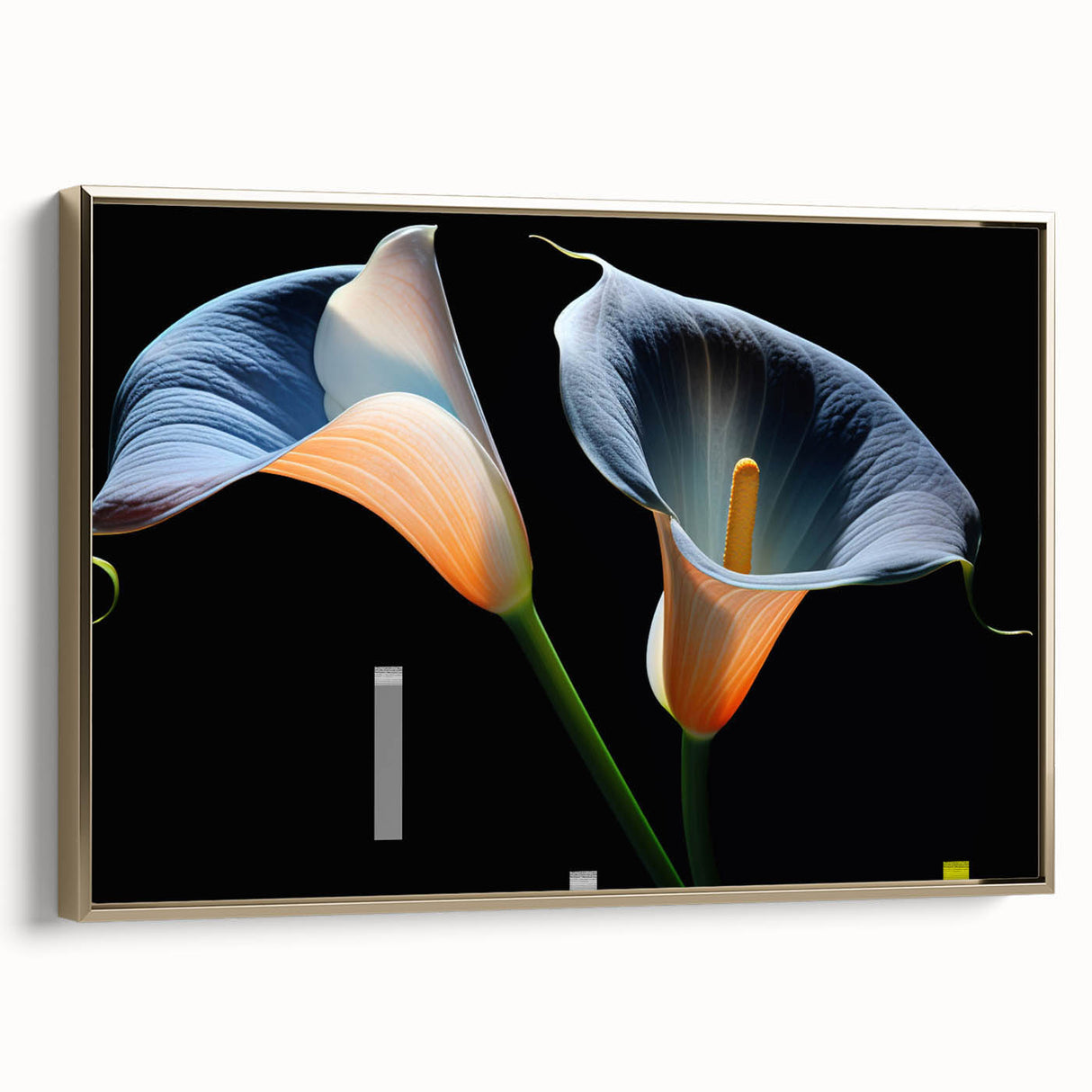 Framed botanical wall art featuring a vibrant lily design with gold accents, showcasing a side view of the canvas against a neutral background, perfect for home decor.